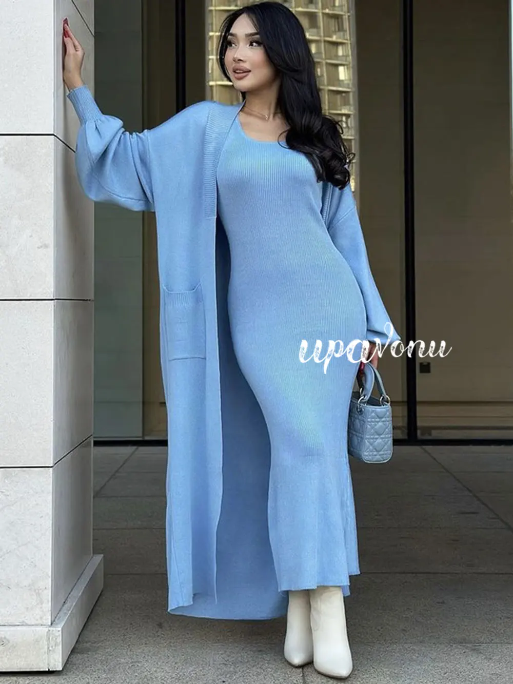 Casual Solid Knitted Sweater Long Dress Set Women Long Sleeve Loose Long Cardigan Coat&Sleeveless Mid length Dress Two Piece Set - Image 6