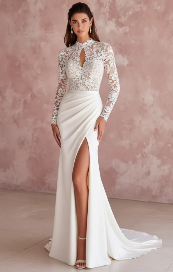 Long High Neck Sleeve Wedding Dress Modest Lace Backless - Image 2