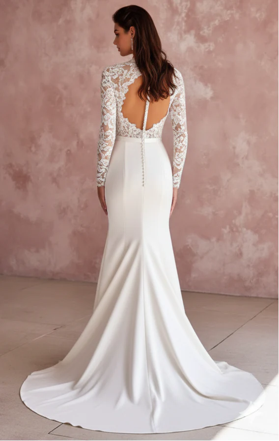 Long High Neck Sleeve Wedding Dress Modest Lace Backless - Image 3