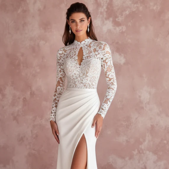 Long High Neck Sleeve Wedding Dress Modest Lace Backless - Image 4