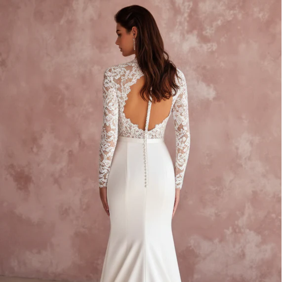 Long High Neck Sleeve Wedding Dress Modest Lace Backless - Image 5