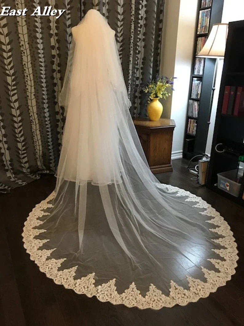 Cathedral Lace Veil 2-Tier 100" wide X 100" (2.5 meter) long Lace Trim on Floor Section