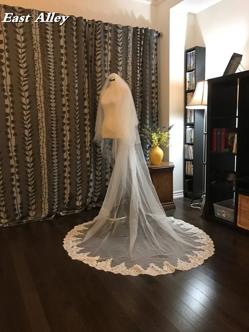 Cathedral Lace Veil 2-Tier 100" wide X 100" (2.5 meter) long Lace Trim on Floor Section - Image 2