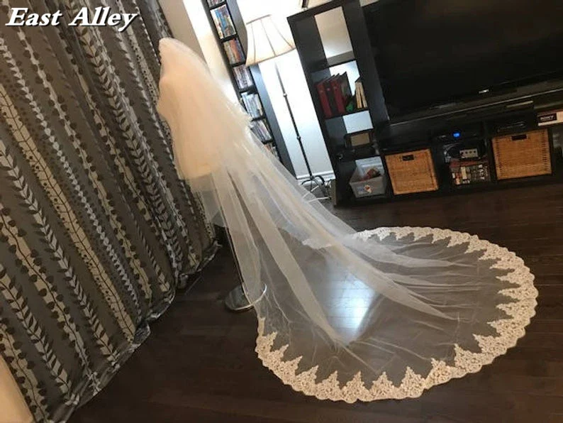 Cathedral Lace Veil 2-Tier 100" wide X 100" (2.5 meter) long Lace Trim on Floor Section - Image 3