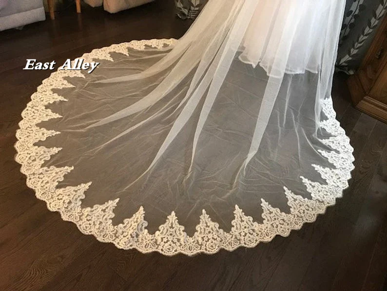 Cathedral Lace Veil 2-Tier 100" wide X 100" (2.5 meter) long Lace Trim on Floor Section - Image 4