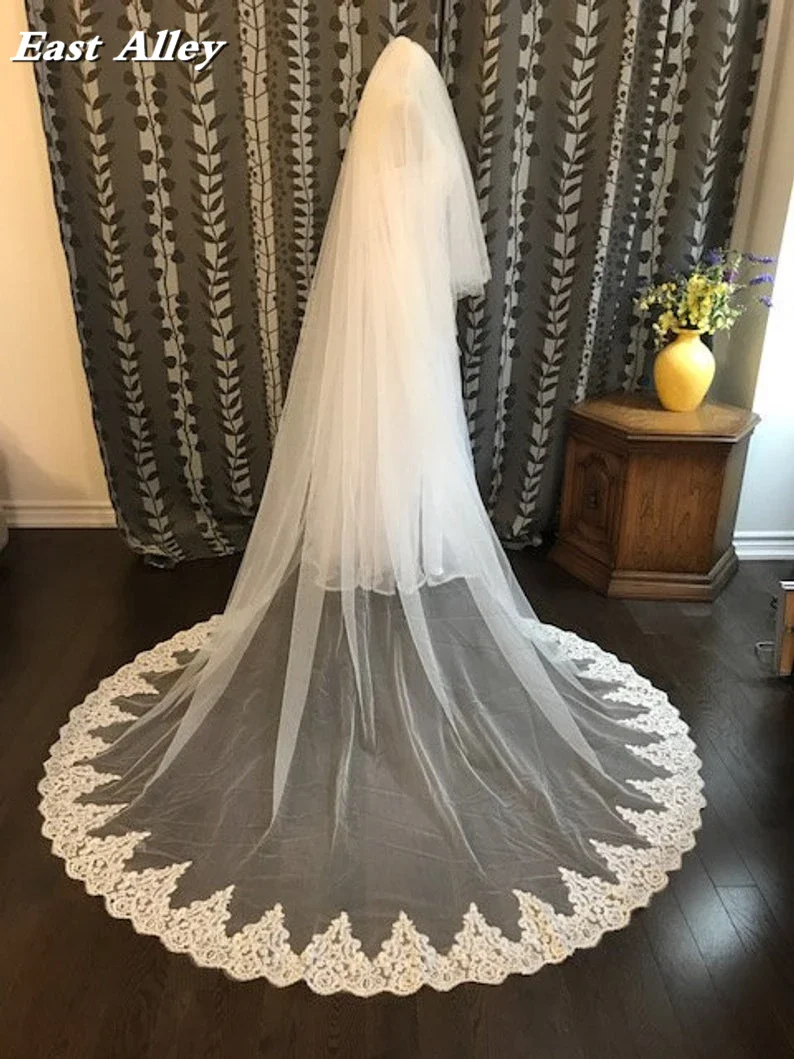 Cathedral Lace Veil 2-Tier 100" wide X 100" (2.5 meter) long Lace Trim on Floor Section - Image 6