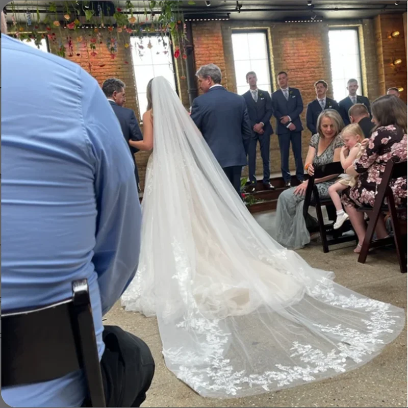 Cathedral Length Lace Applique Wedding Veil - Long Bridal Veil with Metal Comb for Brides - Image 2