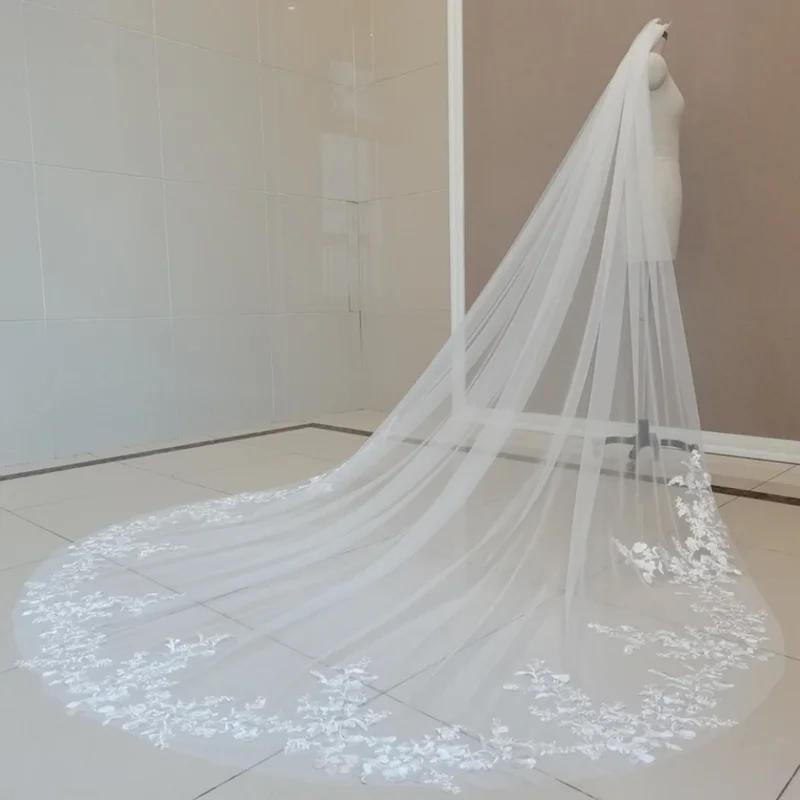 Cathedral Length Lace Applique Wedding Veil - Long Bridal Veil with Metal Comb for Brides - Image 3