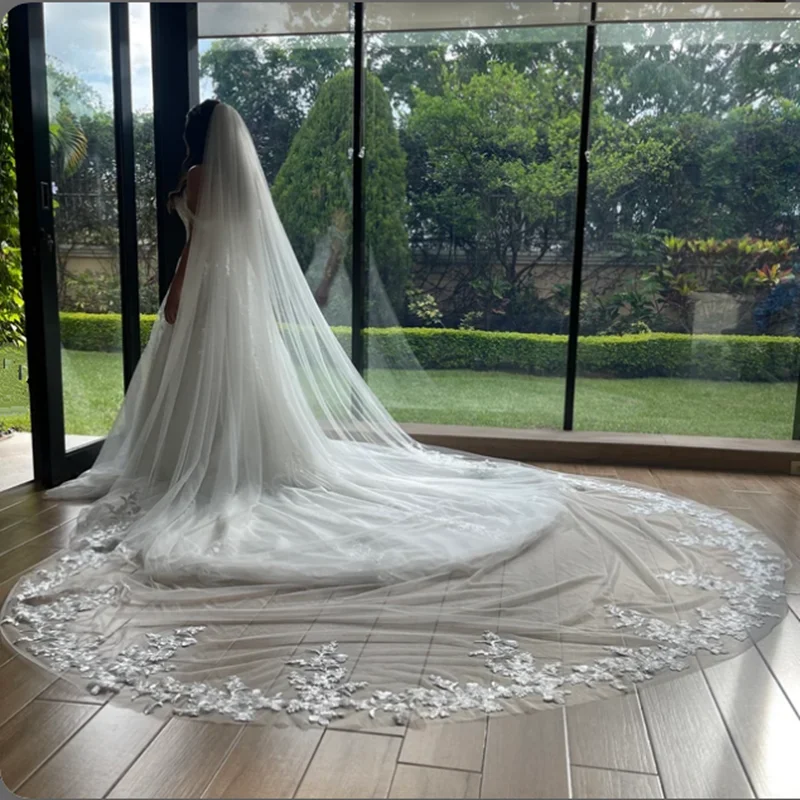 Cathedral Length Lace Applique Wedding Veil - Long Bridal Veil with Metal Comb for Brides - Image 4