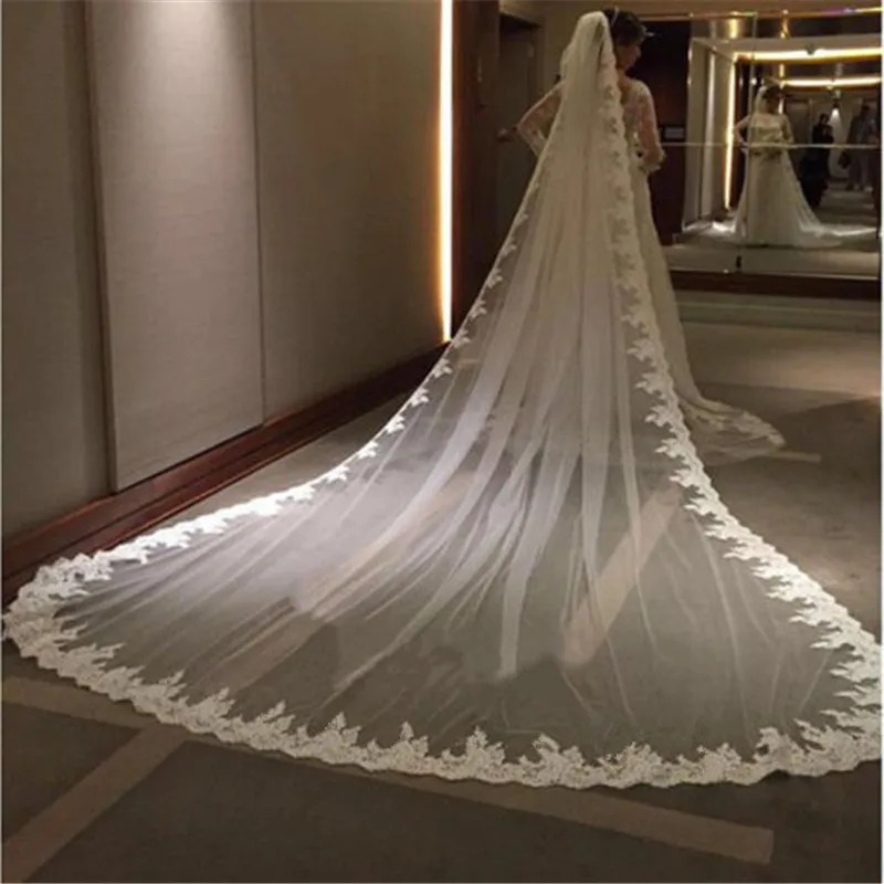 Cathedral Length Long Wedding Veil with Metal Comb Lace Bridal Veil in White Off-White And Ivory for Brides