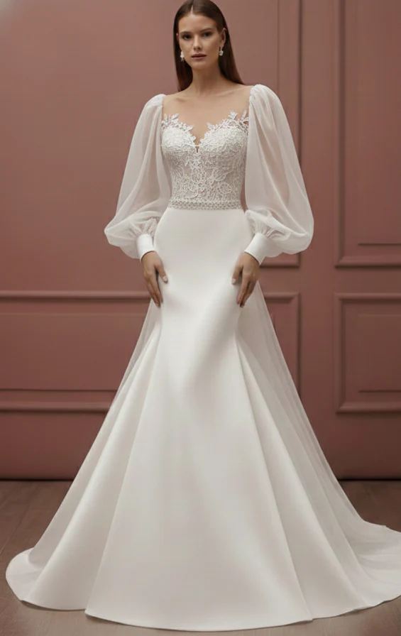 Long Puffy Sleeve Wedding Dress Romantic Classic Bridal Gown - Image 2