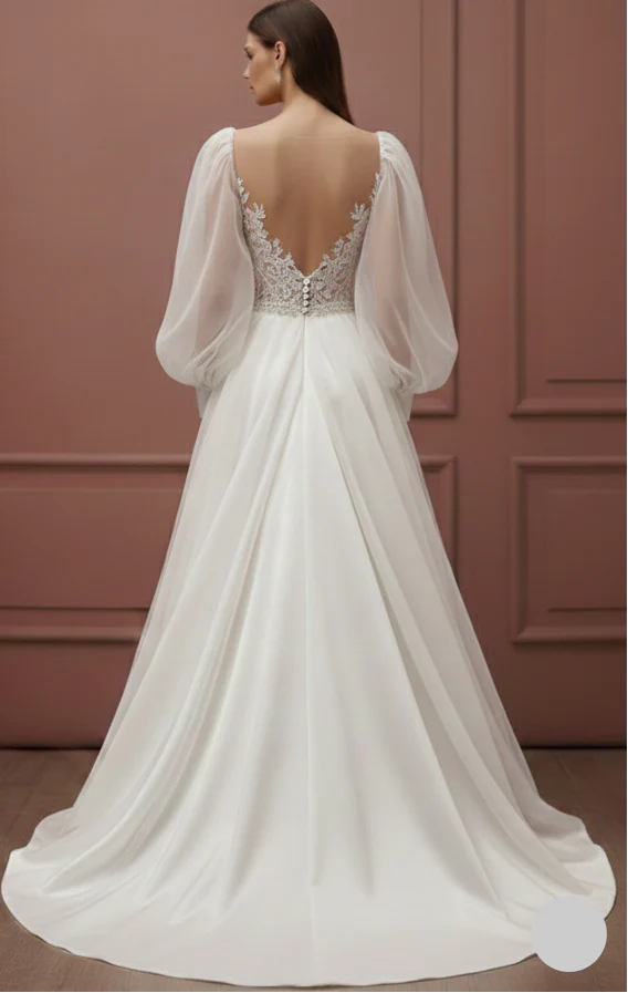Long Puffy Sleeve Wedding Dress Romantic Classic Bridal Gown - Image 3