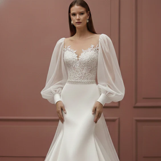 Long Puffy Sleeve Wedding Dress Romantic Classic Bridal Gown - Image 4