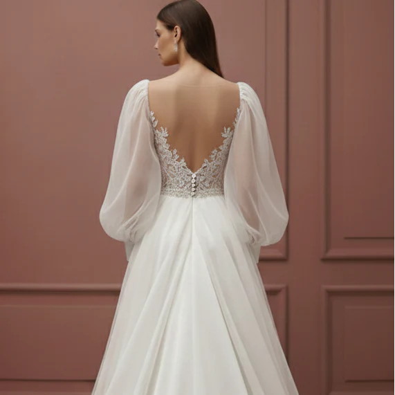 Long Puffy Sleeve Wedding Dress Romantic Classic Bridal Gown - Image 5