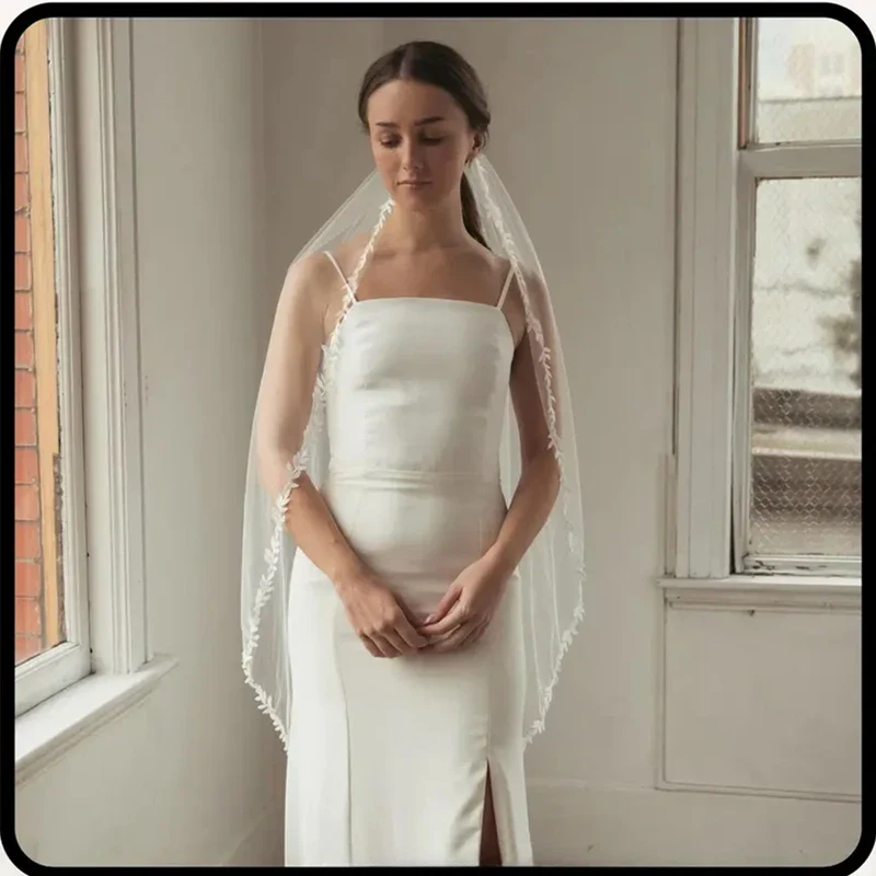 Cathedral Wedding Veil with Lace Trim, Leaf Lace Wedding Veil,Fingertip Veil, Cathedral Mantilla Bride Accessories