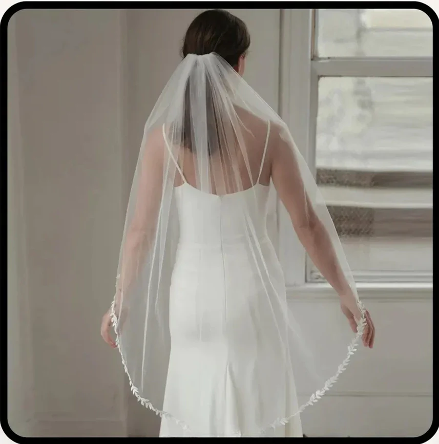 Cathedral Wedding Veil with Lace Trim, Leaf Lace Wedding Veil,Fingertip Veil, Cathedral Mantilla Bride Accessories - Image 2