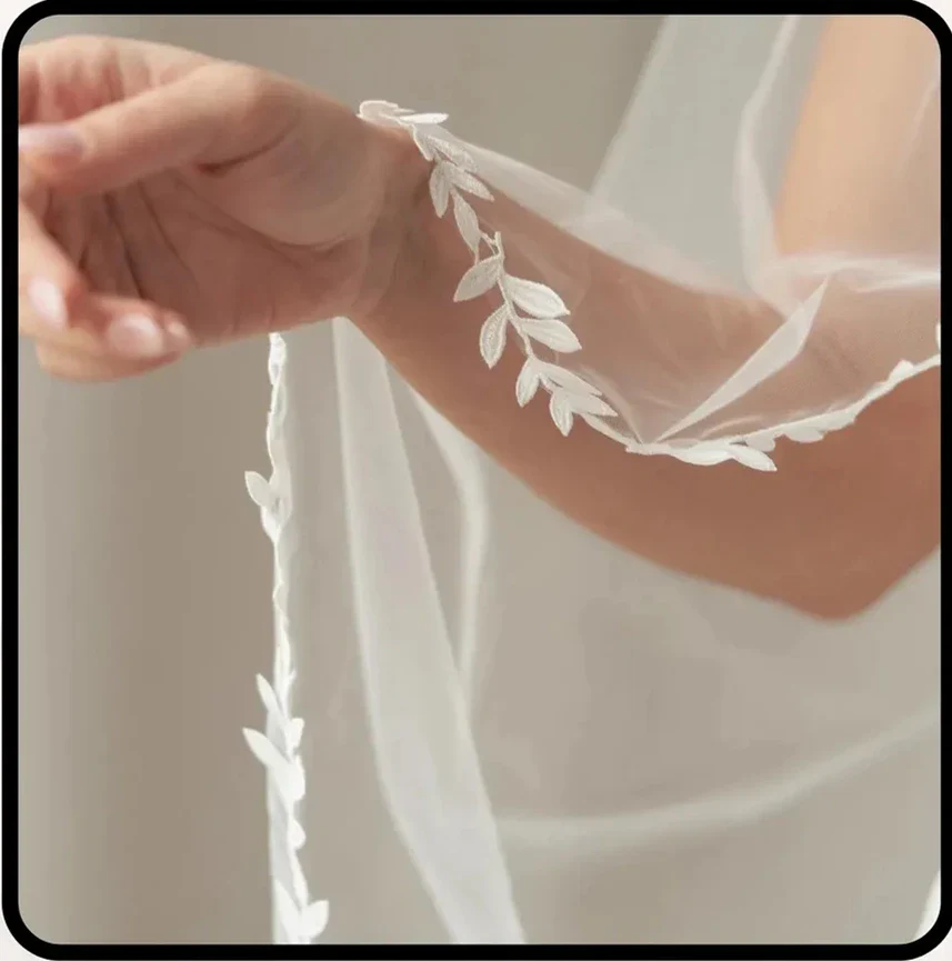 Cathedral Wedding Veil with Lace Trim, Leaf Lace Wedding Veil,Fingertip Veil, Cathedral Mantilla Bride Accessories - Image 3
