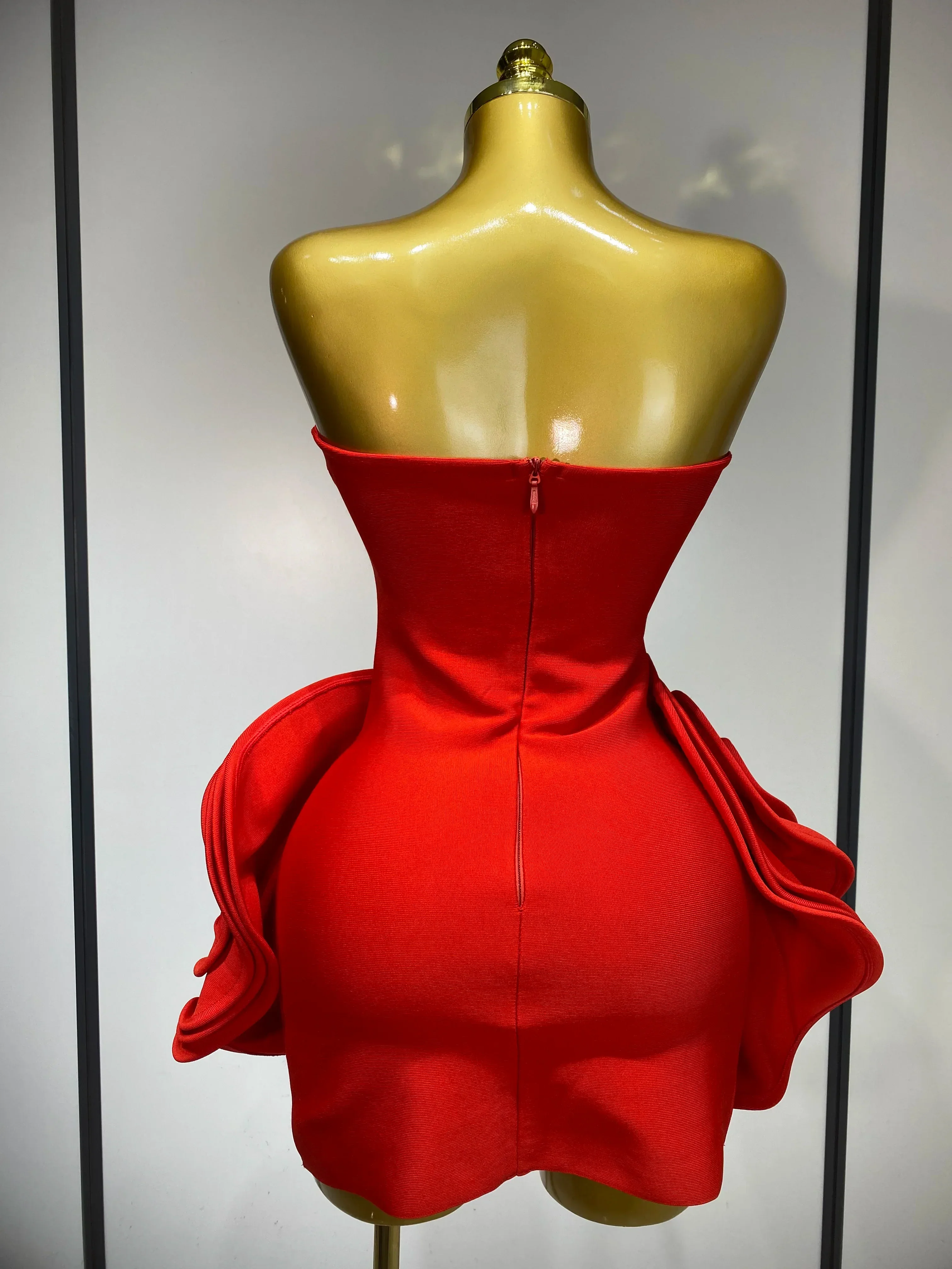 Celebrity Sexy Strapless Backless Flower Red Mini Bodycon Bandage Dress  Knitted Elegant Evening Club Luxury Birthday Dress - Image 4