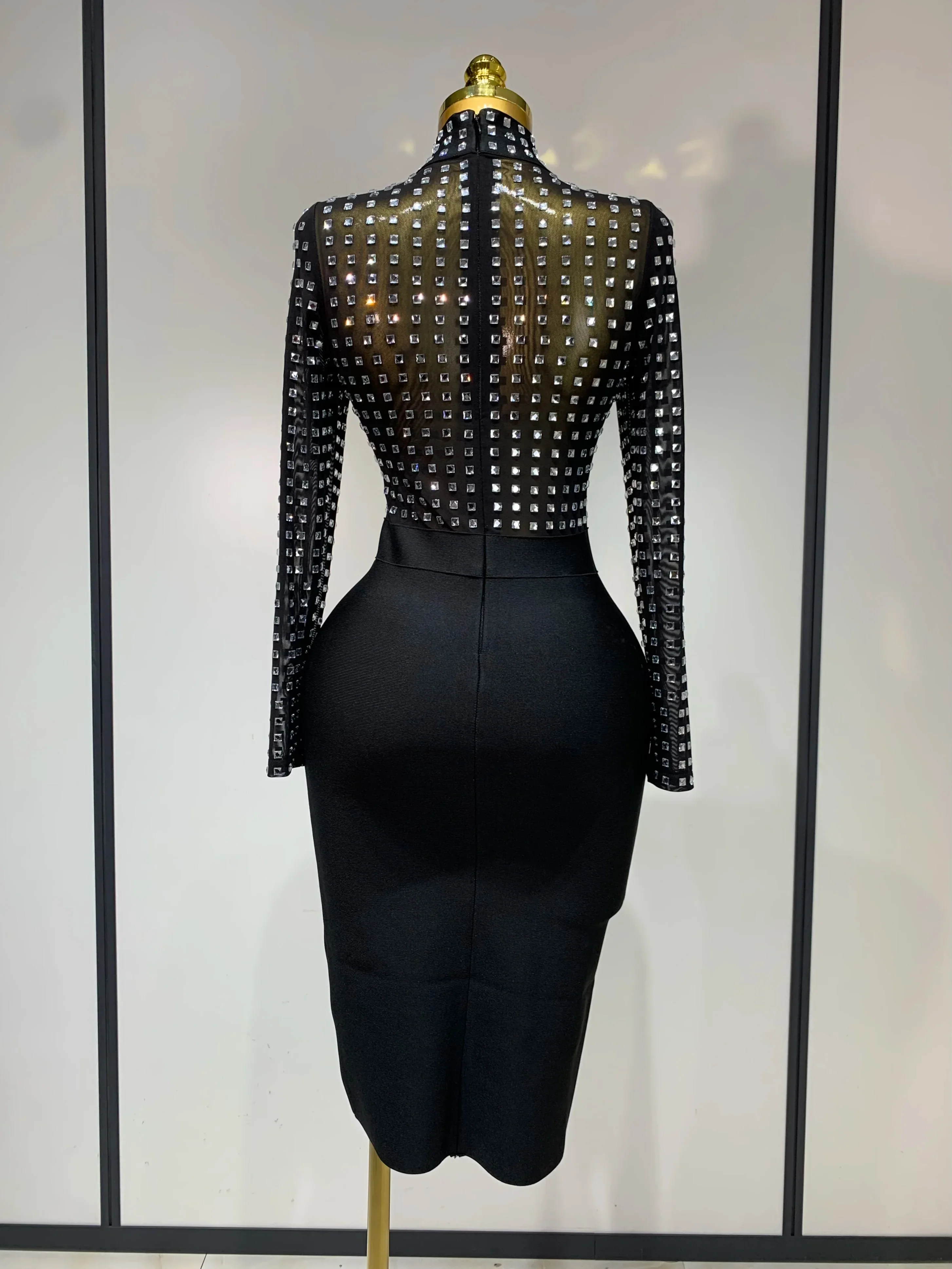 Celebrity Sexy Turtleneck Rhinestones Black Mesh Bodycon Bandage Dress Women Elegant Evening Club Luxury Birthday Dress - Image 3