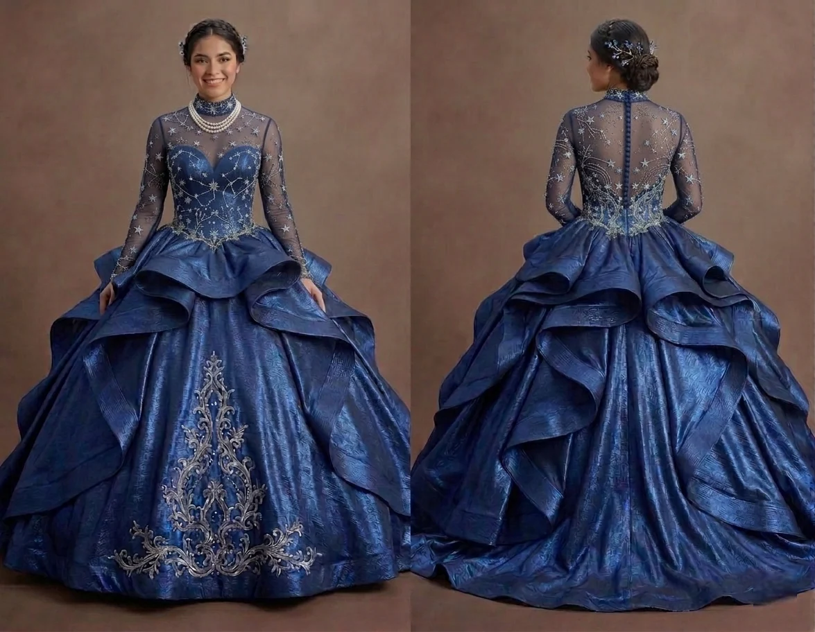 Celestial Blue Quinceañera Dress with Star-Patterned Mesh