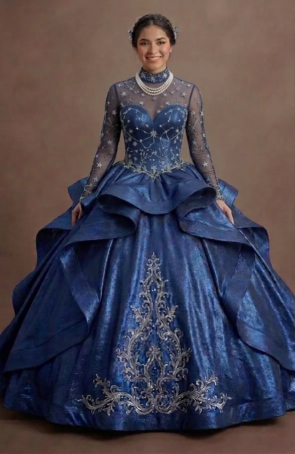 Celestial Blue Quinceañera Dress with Star-Patterned Mesh - Image 2