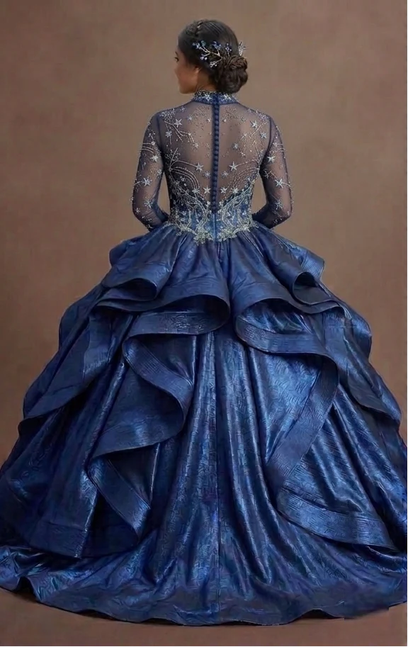 Celestial Blue Quinceañera Dress with Star-Patterned Mesh - Image 3