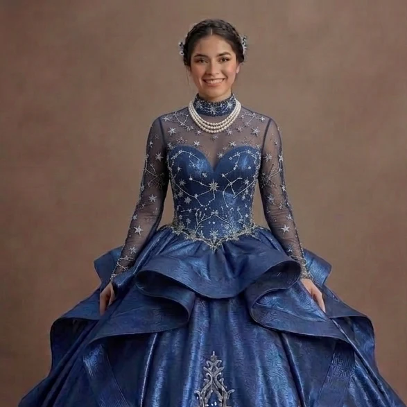 Celestial Blue Quinceañera Dress with Star-Patterned Mesh - Image 4