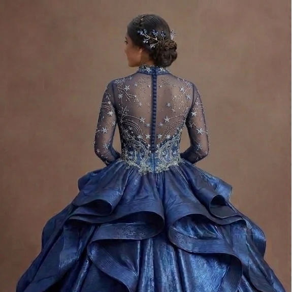 Celestial Blue Quinceañera Dress with Star-Patterned Mesh - Image 5