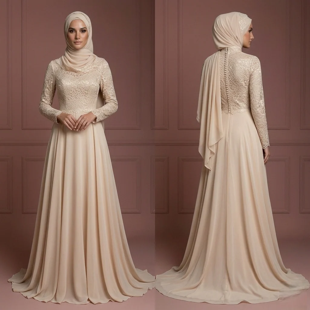 Champagne Chiffon Flowing Gown – Hijab Muslim Bridal Wedding Dress