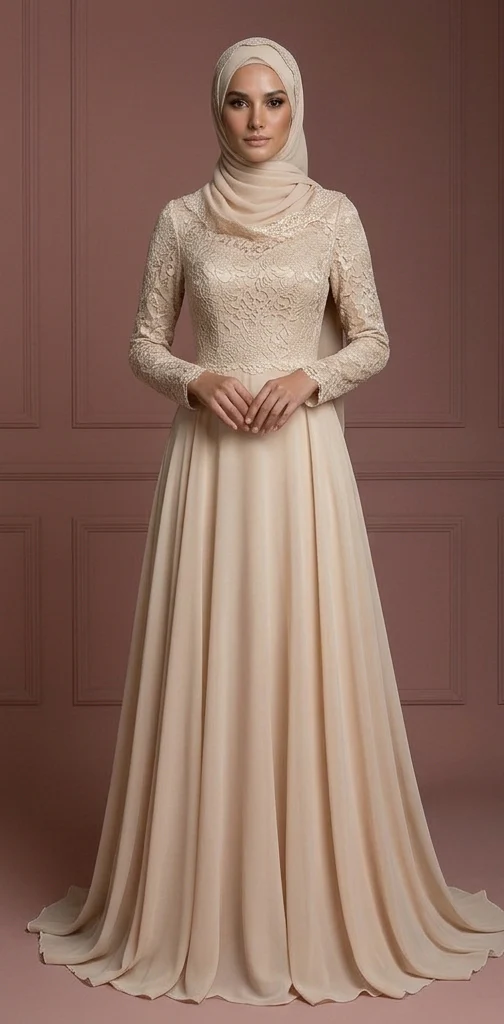 Champagne Chiffon Flowing Gown – Hijab Muslim Bridal Wedding Dress - Image 2