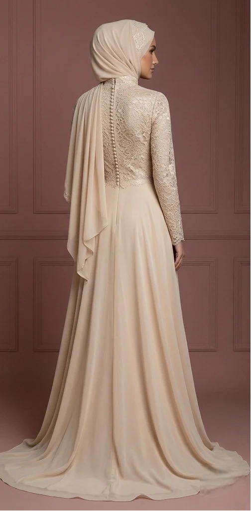 Champagne Chiffon Flowing Gown – Hijab Muslim Bridal Wedding Dress - Image 3