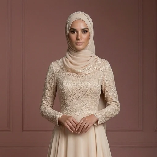 Champagne Chiffon Flowing Gown – Hijab Muslim Bridal Wedding Dress - Image 4