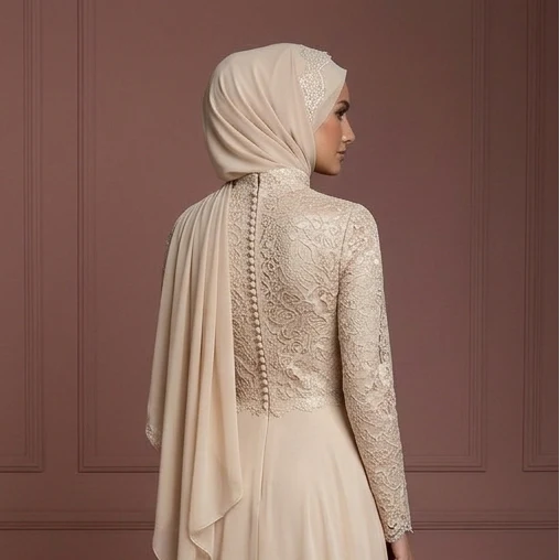Champagne Chiffon Flowing Gown – Hijab Muslim Bridal Wedding Dress - Image 5