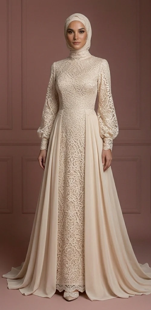 Champagne Flowing Wedding Dress – Lace Modest Hijab Style Muslim - Image 2