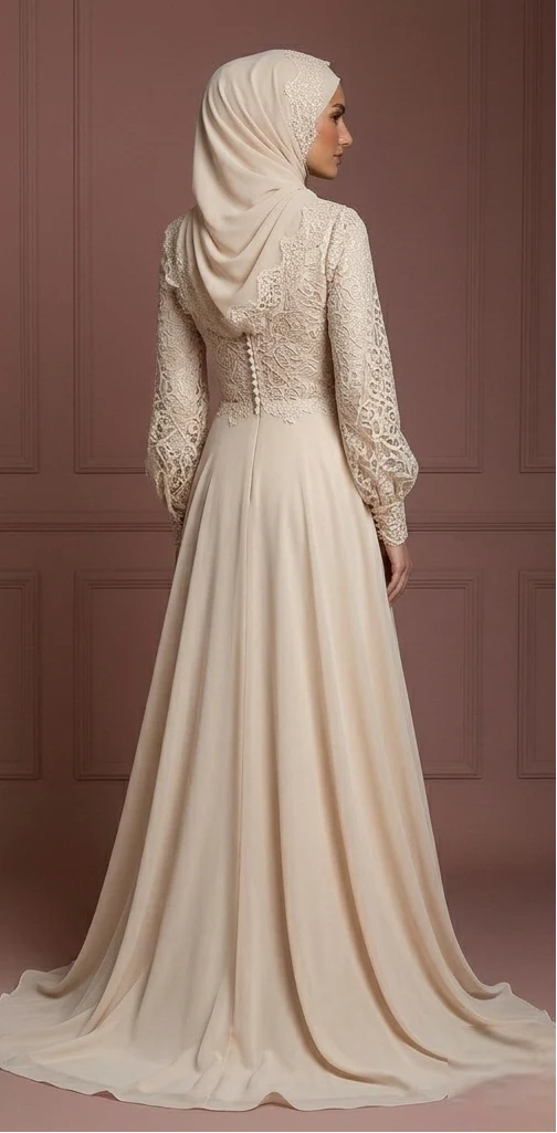 Champagne Flowing Wedding Dress – Lace Modest Hijab Style Muslim - Image 3