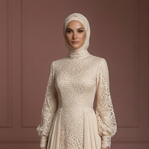 Champagne Flowing Wedding Dress – Lace Modest Hijab Style Muslim - Image 4