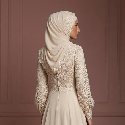 Champagne Flowing Wedding Dress – Lace Modest Hijab Style Muslim - Image 5