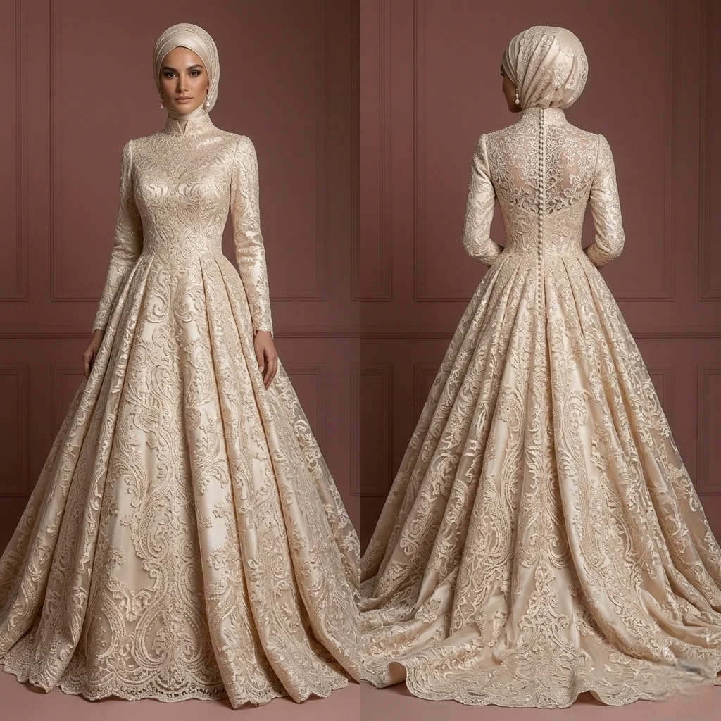 Champagne Lace Ball Gown – Elegant Muslim Wedding Dress with Hijab Muslim