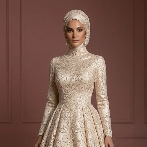 Champagne Lace Ball Gown – Elegant Muslim Wedding Dress with Hijab Muslim - Image 4