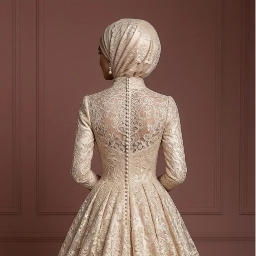 Champagne Lace Ball Gown – Elegant Muslim Wedding Dress with Hijab Muslim - Image 5