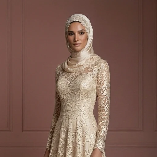 Champagne Lace Long Sleeve Wedding Dress – Perfect Muslim Outfit - Image 4