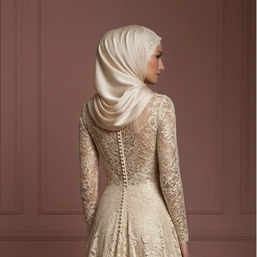 Champagne Lace Long Sleeve Wedding Dress – Perfect Muslim Outfit - Image 5