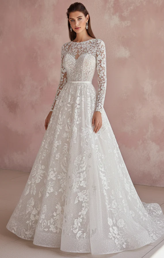 Mermaid Sleeve Wedding Dress Trumpet Style Long Lace Overlay - Image 2