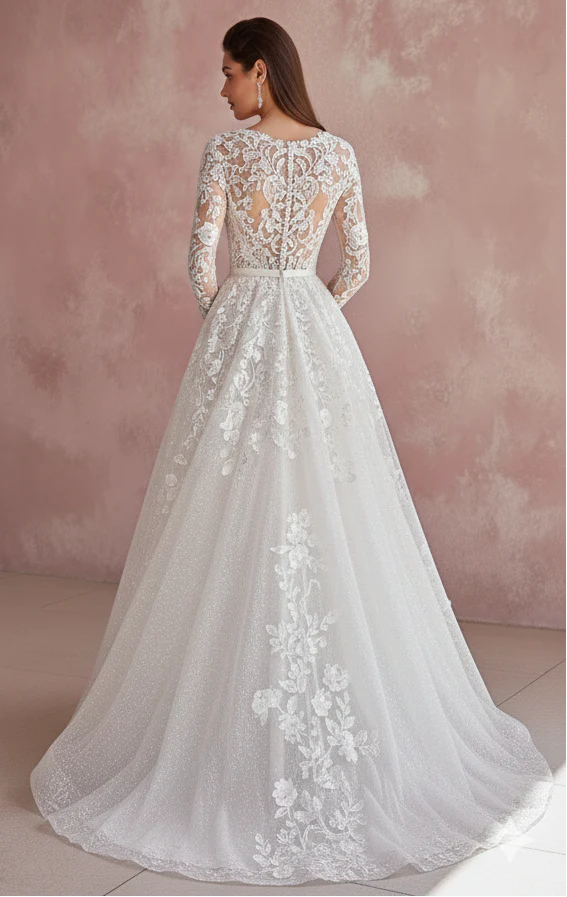 Mermaid Sleeve Wedding Dress Trumpet Style Long Lace Overlay - Image 3