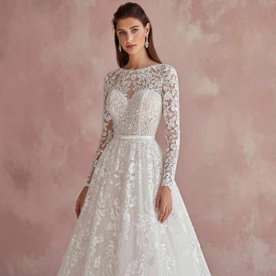Mermaid Sleeve Wedding Dress Trumpet Style Long Lace Overlay - Image 4