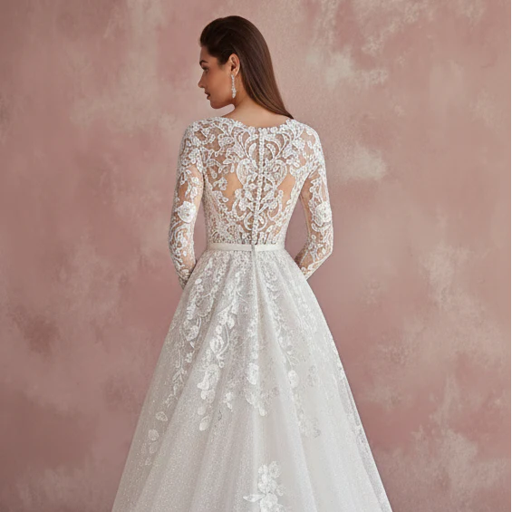 Mermaid Sleeve Wedding Dress Trumpet Style Long Lace Overlay - Image 5