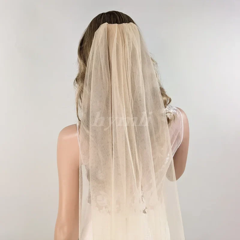 Champagne Wedding Veil Soft Tulle Single Tier Rounded Edge with Gold Bridal Comb - Image 2