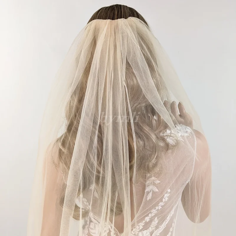 Champagne Wedding Veil Soft Tulle Single Tier Rounded Edge with Gold Bridal Comb - Image 4