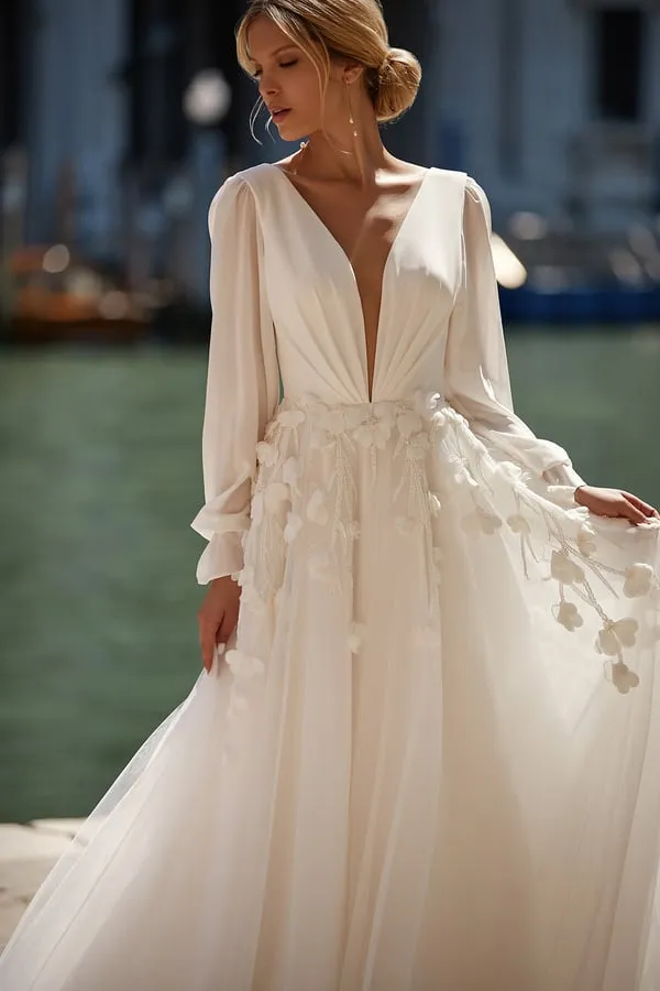 Charming A Line Women's Wedding Dresses V Neck 3D Flowers Customized Bride Gowns Long Sleeve Backless Vestidos De Novias - Image 3