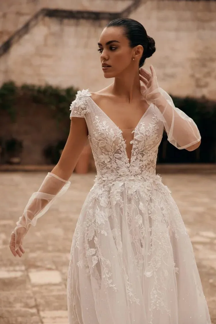 Charming Backless Wedding Dress For Women V-neck Sparkly 3D Flower Court Train Sequined Vestido De Noiva Customized - Image 2